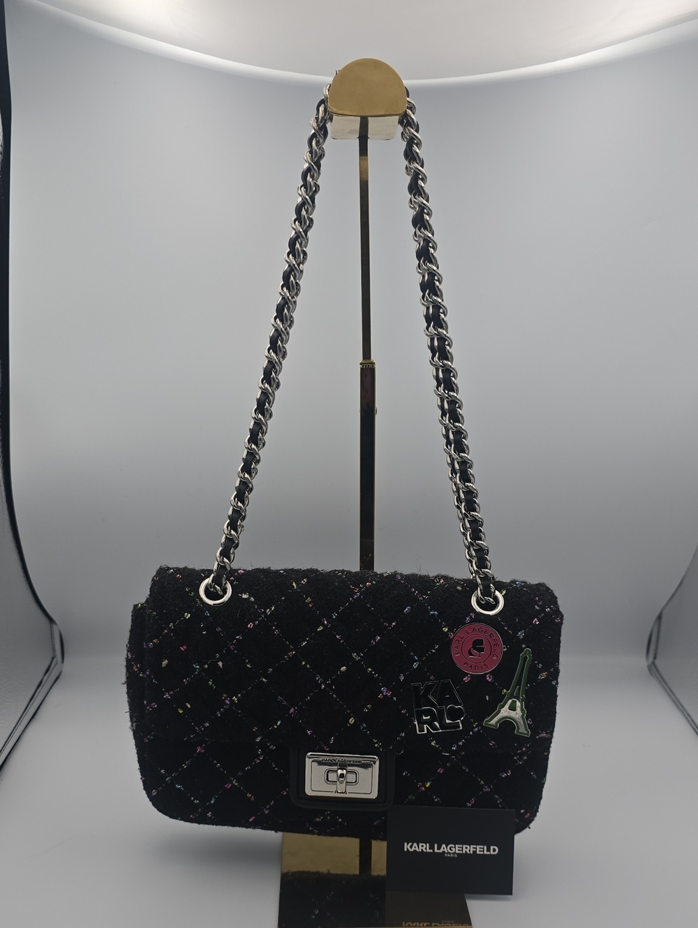Karl Lagerfeld Black Quilted Tweed Med Shoulder/Crossbody W Silver Chain(NWOT)🖤
